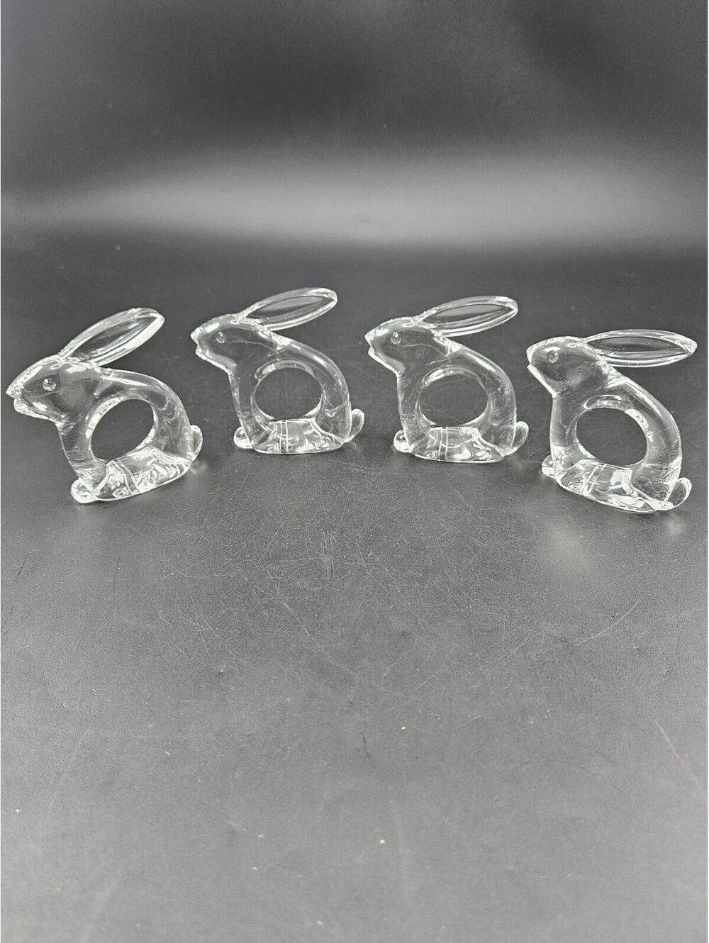 4 Bijan 1980 Clear Lucite Bunny Rabbit Napkin Rings MCM Woodland Table Decor